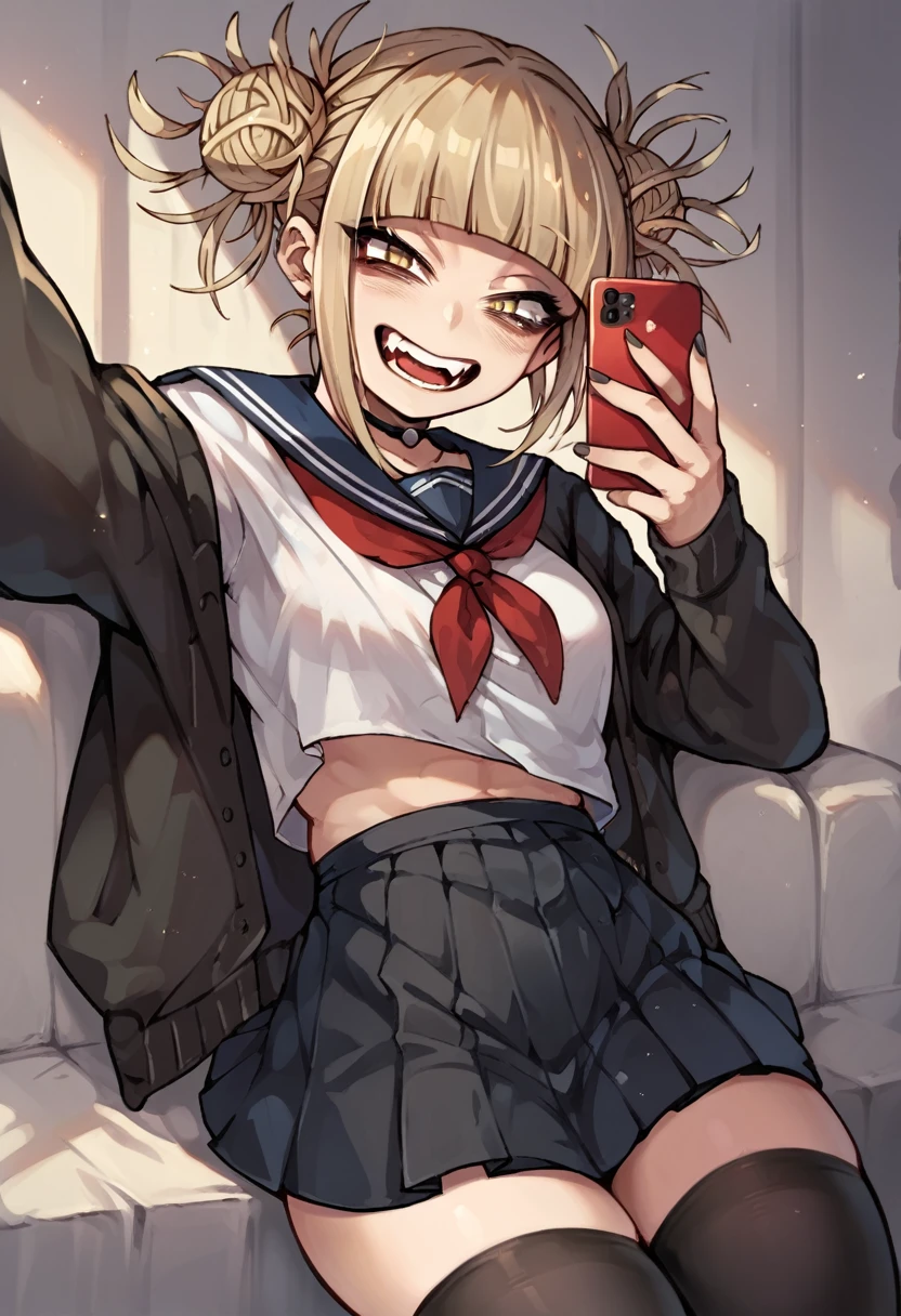 Himiko toga while reaching out and taking a selfie and dressed in a sexy gothic black outfit, with black tights and skirt and revealing (whole body) 