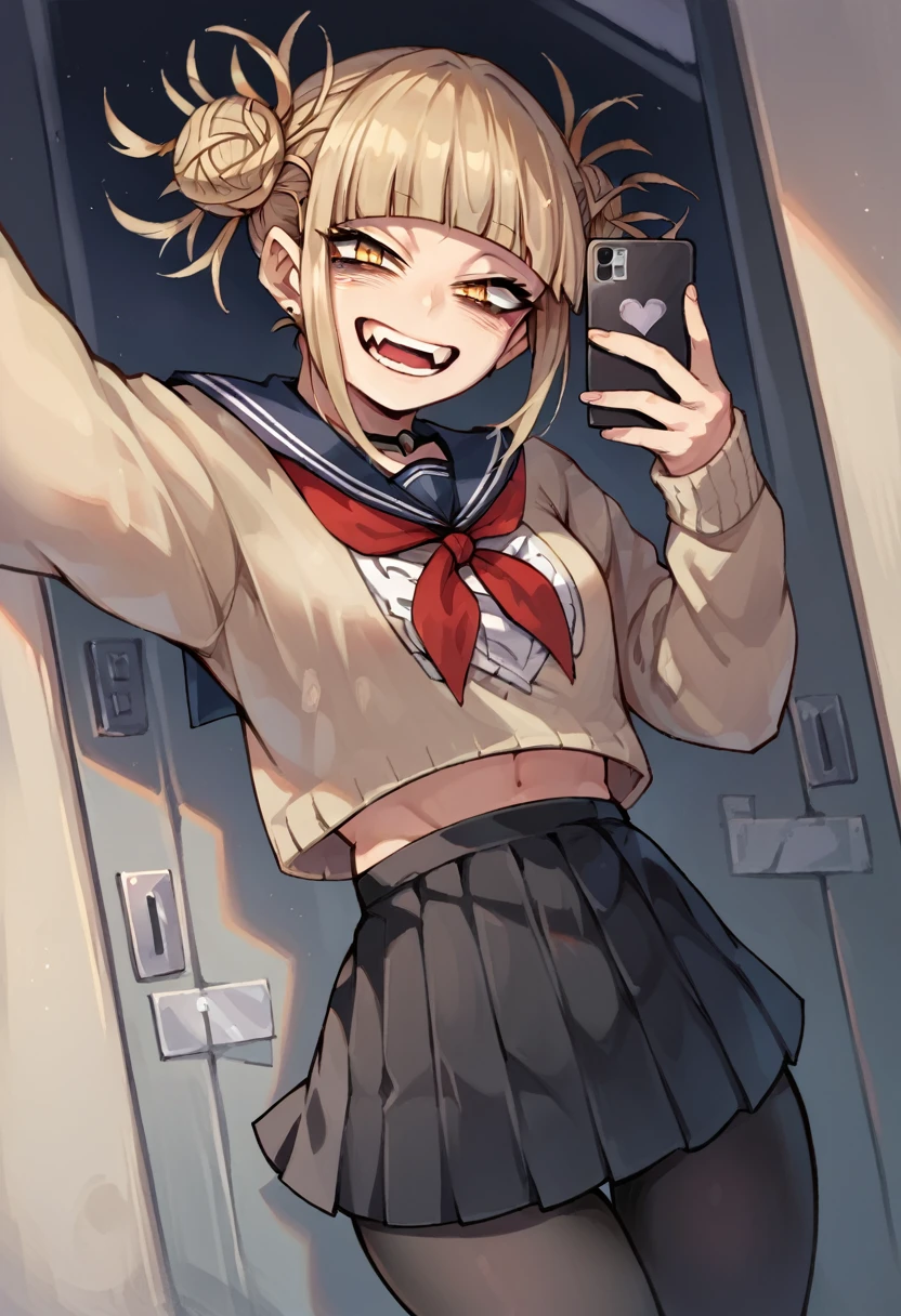 Himiko toga while reaching out and taking a selfie and dressed in a sexy gothic black outfit, with black tights and skirt and revealing (whole body) 