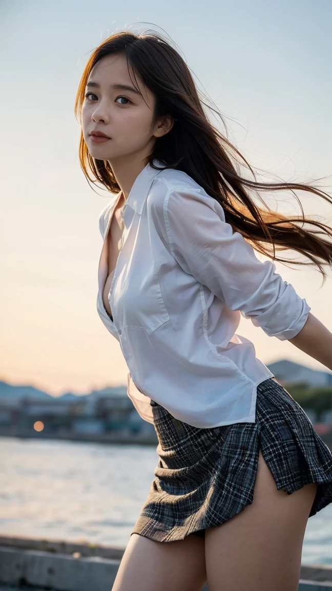((Extremely precise and accurate anatomy)), (((Low angle shooting、Looking into the camera:1.22,Leaning forward、Open shirt、No underwear)))、(((8K、Highest quality、masterpiece、Ultra-high resolution)))、(Realistic:1.4)、RAW Photos、(Real skin texture:1.3)、(Film Grain:1.1)、((Are standing、Skirt flutters in strong winds、Under the skirt、Do not bend your legs、don&#39;t bend your knees、Spread your thighs、Beachside、))、One Girl、Beautiful and detailed eyes and face、masterpiece、Highest quality、close、thin、Japanese Uniform、dynamic、barefoot、Various poses、