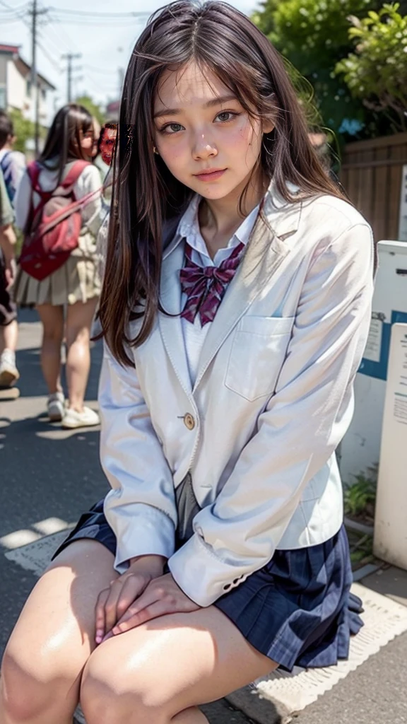 (High school girls walking on Tokyo street:1.2、blue sky)、((school uniform、blazer、Pleated skirt、Navy blue socks、loafers)、the wind is strong、(Realistic、Like a photograph、Live Action、8K, Realistic, RAW Photos, Best image quality: 1.4), Single-lens reflex camera、RAW Photos, Highest quality, Realistic, Highly detailed CG Unity 8K wallpaper, Written boundary depth, Cinematic Light, Lens flare, Ray Tracing, Realistic background、((ultra high density skin))、 Teenage girl on her way to school,Cute Japanese、(whole body:1.5)、Super detailed face，avert your eyes:1.1、(Silver inner color hair、Straight Long Hair:1.2、My hair flutters in the wind:1.4)、I like that style、stylish、Very detailed、Pay attention to the details、Perfect outfit、(Sunburned skin)、front view、Accurate hands、Accurate legs、Detailed hands and fingers、Anatomically correct body、Thin legs、Thin thighs