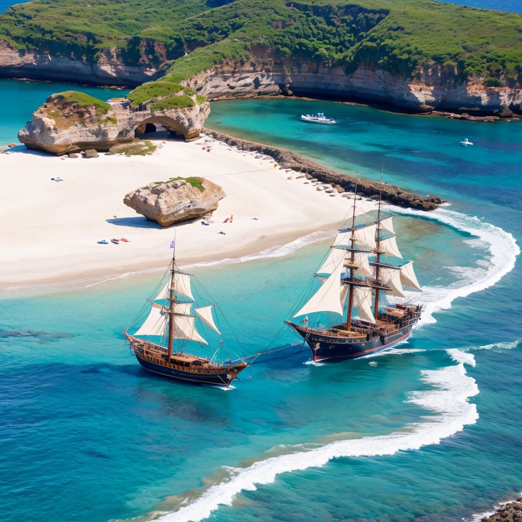 Background image: beautiful sandy beach, anime pirate ship anchored in the ocean.