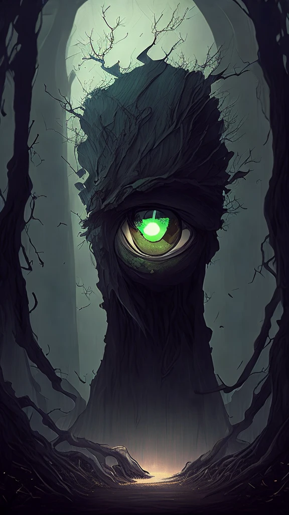 「In a dark and spooky forest、A monster standing near the ruins『Hyakumoku』Please draw it realistically。Hyakumokuは全身に無数の目を持ち、Those eyes are big and small々in、It can go in any direction。The face has many particularly large eyes.、Your gaze is shining brightly。His eyes reflect the light、暗闇の中inも不気味に輝いています。皮膚はざらざらとした質感in、It looks a little damp、There are scars here and there。全身は暗い緑や茶色の色調in、森の環境に溶け込むような色合いinす。In the background are old ruins and dead trees々Standing side by side、Create a foggy atmosphere。Hyakumokuの周りには冷たい風が吹き、Please also depict the leaves and dead branches flying up.。全体的に薄暗い照明in、Hyakumokuの目が光る様子が際立つようにしてください。」