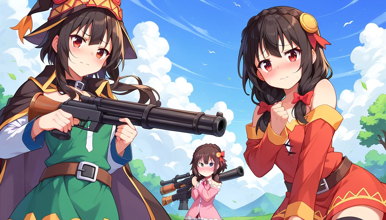 ((2girls:1.3)), ((moe style:1.3)), ((standing:1.3)), ((rocket launcher:1.3)), ((firing gun:1.3)), ((black hair:1.3)), megumin (konosuba), yunyun (konosuba), ((shy:1.3)), blush, ((perfect face)), ((extremely cute:1.3)), ((masterpiece:1.3)), ((8k)), ((best quality:1.3)), ((beautiful)), ((extremely detailed:1.3)) , ((absurdres)), AddXL, ((score_9:1.3)), ((score_8_up:1.3)), ((score_7_up:1.3)), Expressiveh 