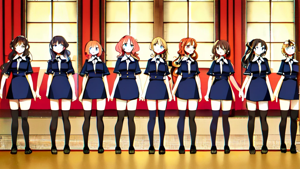 masterpiece, Highest quality, High resolution, 10+girl, crowd, Identical twin sisters, clone, An orderly line of sisters, An orderly line of sisters, Sisters in a row, uniform, Matching outfits, Long Hair, Curly Hair, ponytail, Matching hairstyle, Hazel Eyes, Brown Hair, Black tie, Blue Ribbon, Brown Skirt, salute, smile, indoor, Group shot, whole body, Panty shot, Black high heels