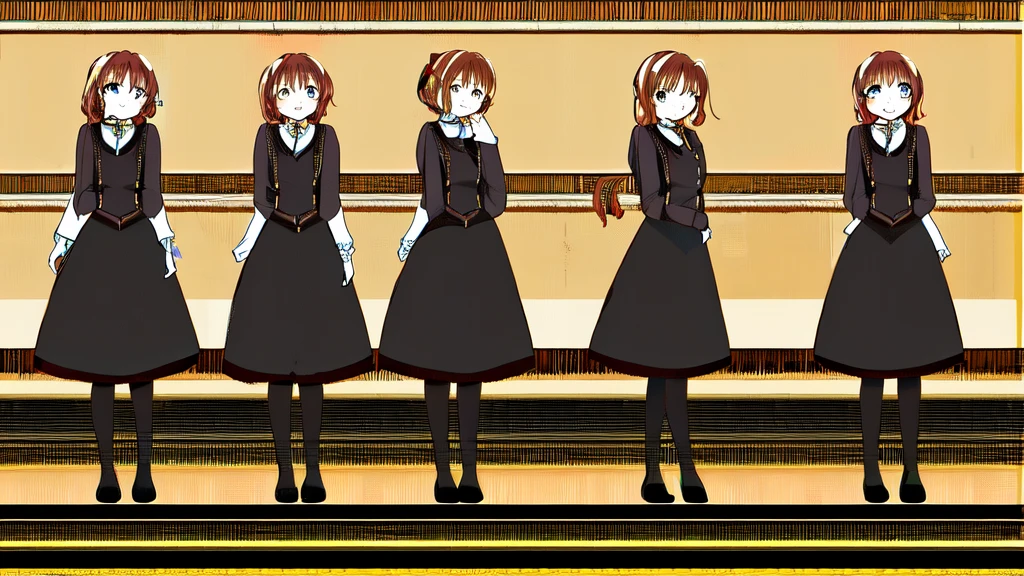 masterpiece, Highest quality, High resolution, 10+girl, crowd, Identical twin sisters, clone, An orderly line of sisters, An orderly line of sisters, Sisters in a row, uniform, Matching outfits, Long Hair, Curly Hair, ponytail, Matching hairstyle, Hazel Eyes, Brown Hair, Black tie, Blue Ribbon, Brown Skirt, salute, smile, indoor, Group shot, whole body, Panty shot, Black high heels