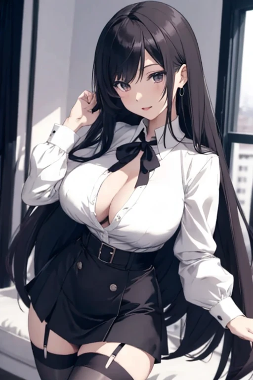 creates an anime girl with a short skirt with her hands up, 24 years old, wearing black stockings and a white blouse with a low neckline in a landscape of a luxurious apartment with wide hips and large breasts.
