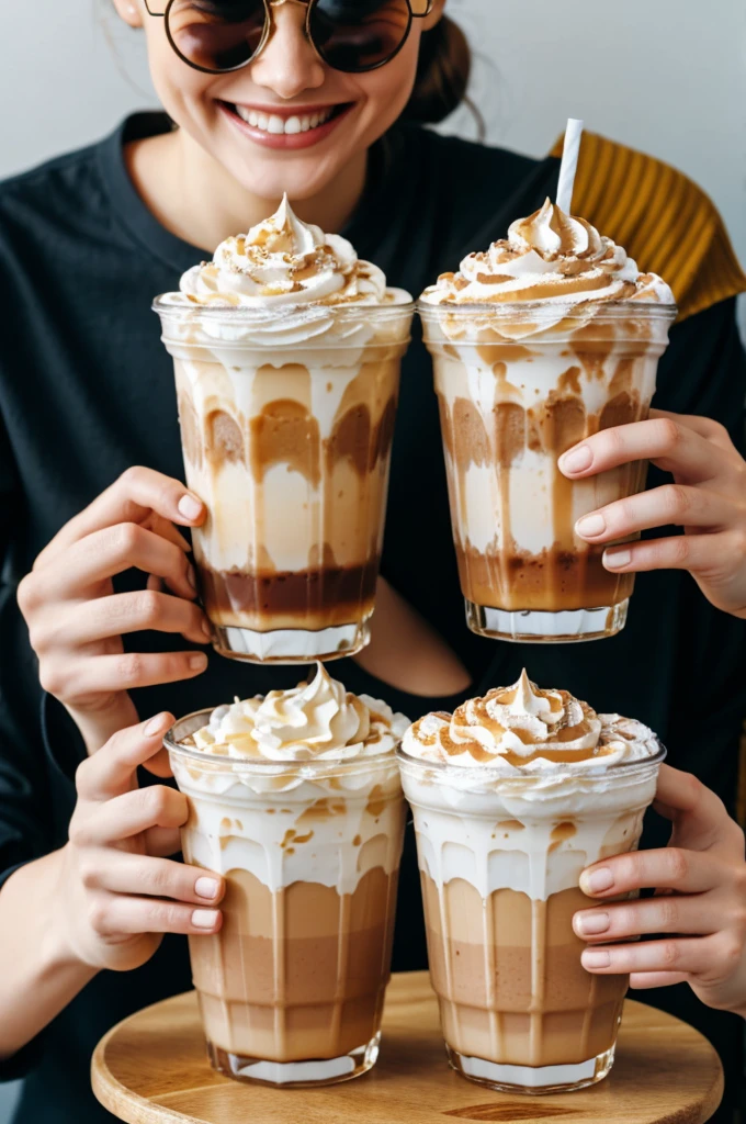 Two hands holding two glasses of frappes in pet glasses with cream and the glasses with happy faces