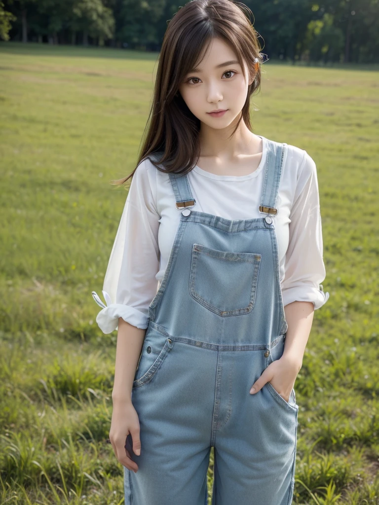 Chiffon overalls、Casual clothing、(Highest quality)、((Very detailed))、4K、(8K)、masterpiece、Very detailedな、Highest quality、Super Resolution、1 person、Kind Face、Soft Light、RAW quality、Soft Skin、163cm、30 years old、knees、grass