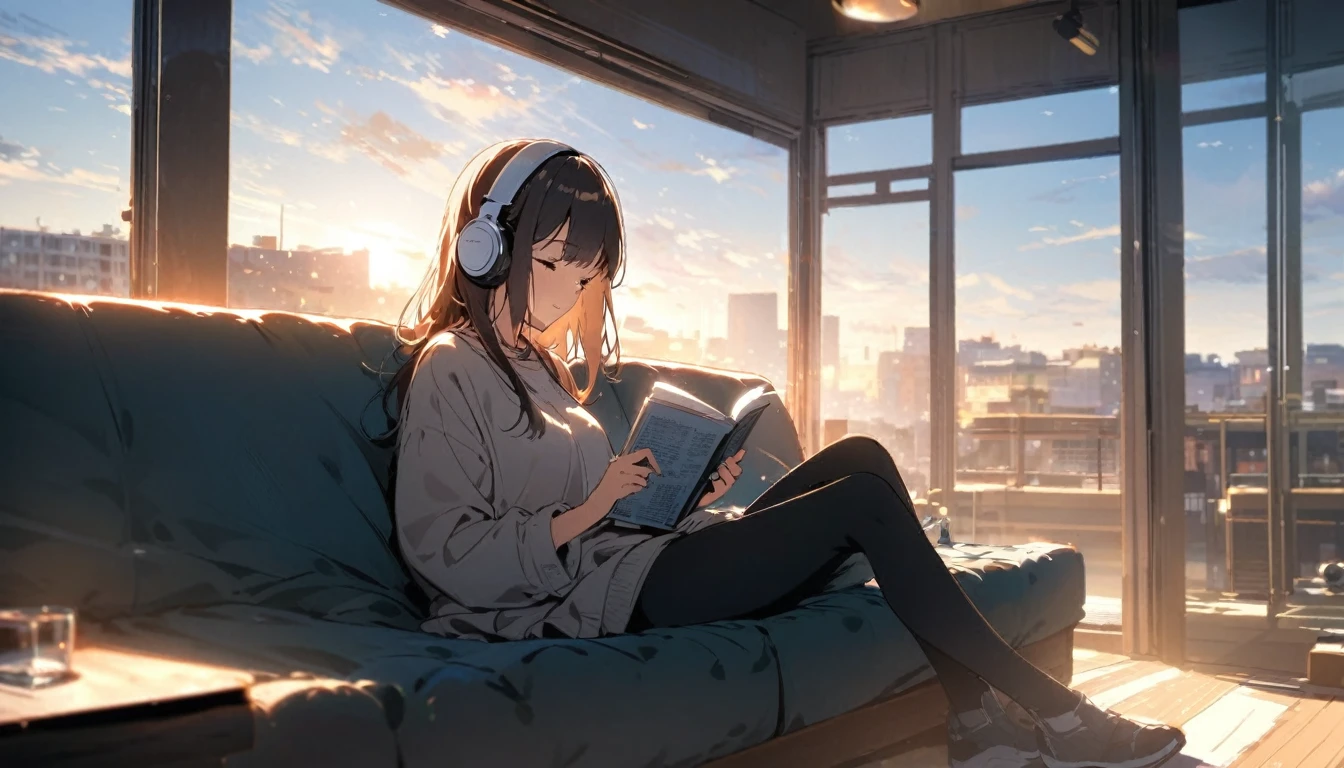Girl sitting on sofa reading a book,In front of a large window,Morning sunlight,Streetscape、listen to music