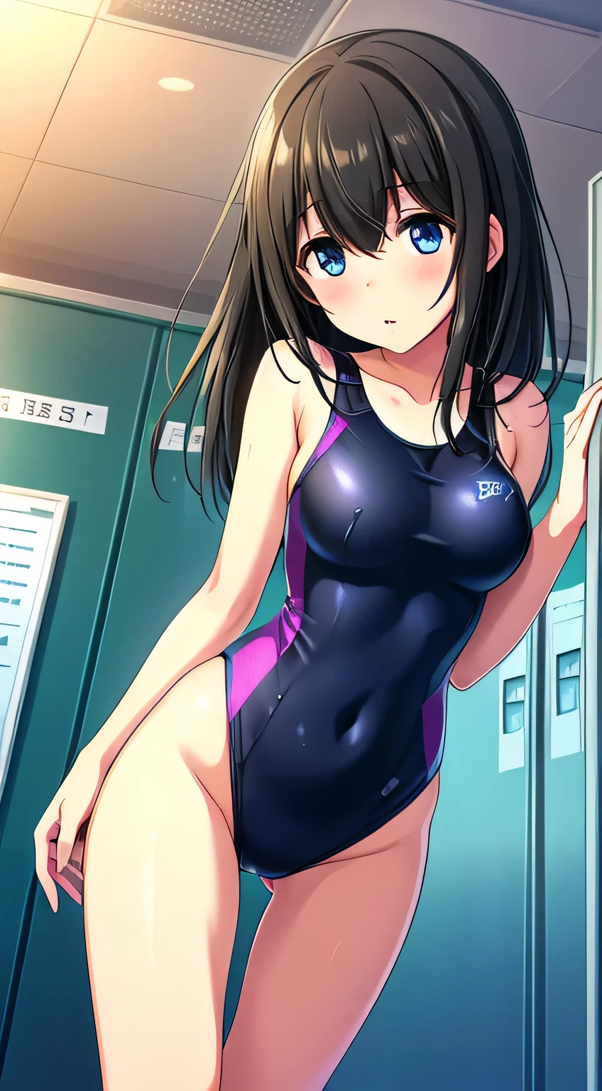 (masterpiece、Highest quality、In 8K、High resolution:1.2)、alone、One Girl、 Fumika Sagisawa、Feeling embarrassed、Look at the viewers、whole body、Transparent competitive swimsuit、Transparent racing swimsuit、Glossy body、Wet body、locker room、Low - Angle