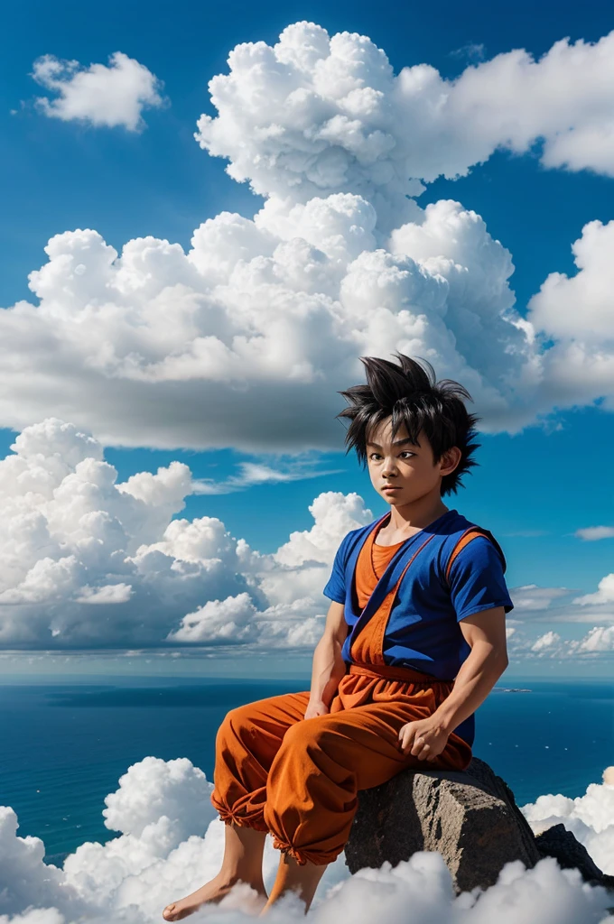 small Goku sitting in a cloud in the sky surrounded with clouds
