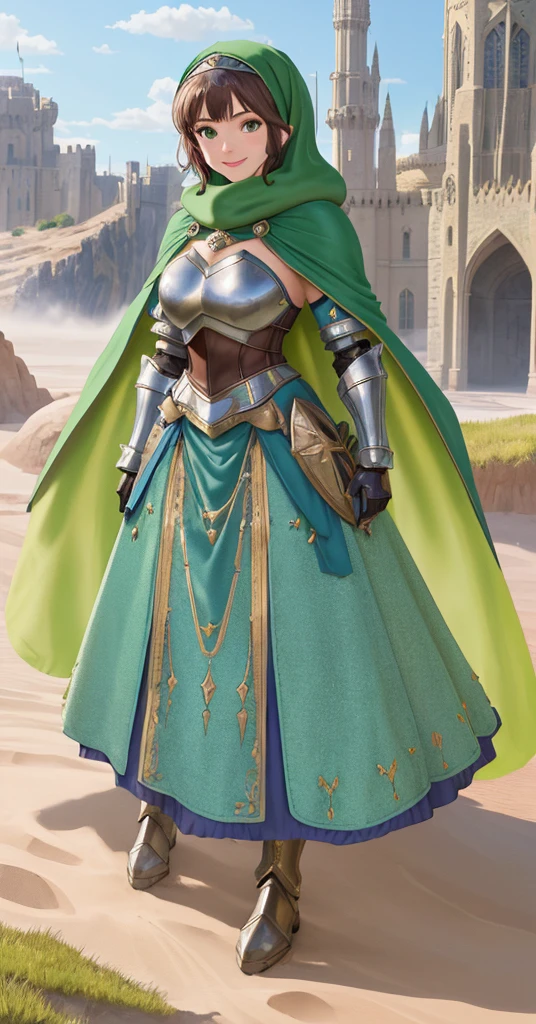 masterpiece, best quality:1.2), 1girl, smile, looking at viewer, green eyes, short brown hair, princess, armor, blue hijab headscarf, pauldrons, armored dress, green cloak cape, wearing puffy blue ballgown skirt, armored boots, fingerless gloves, standing in front of desert castle