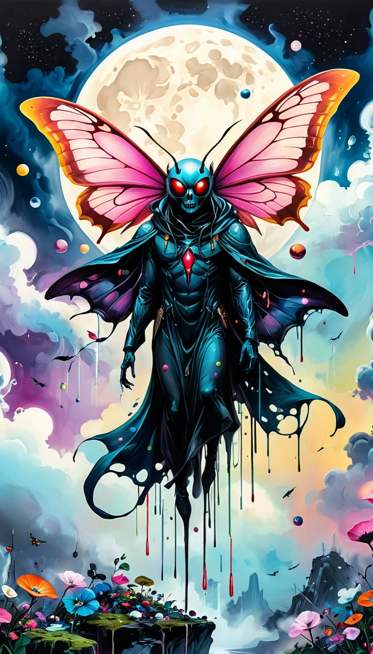 high resolution, high quality , masterpiece .Surrealist ink painting,Colorful, Elements of absurdity and depravity,Ross Chen (ross tran) style of,以燃烧的纸币For reference,Robbie Dewi Antono (Roby Dwi Antono) For reference, ,Moth,Target, mistake, Ghostly Entity Rises Into Neo-Traditional Ink-Dripping Sky, The chiaroscuro lighting enhances the symbolism of death,pill, A moon adorned with eyes that exude breath,Atmosphere. Dark horror style, Disturbing, Crazy Art Conspiracy,inauspicious.