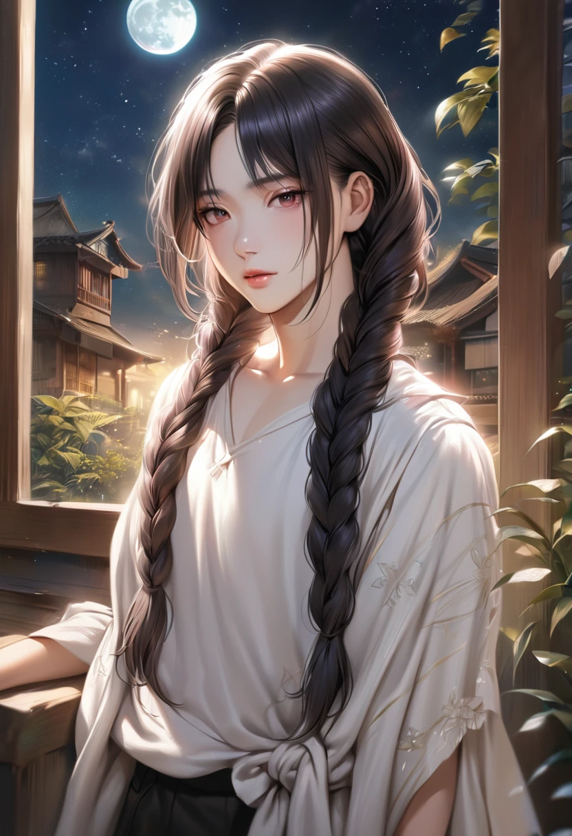 A beautiful woman with long hair wearing a white shirt, cute anime-style face, realistic anime girl, Chisato, black hair with bangs, Kurumi, cute and delicate face, young cute pale Asian face, Sakimichan, midday moon and stars in the sky, female, braid, The hair is braided, All hair braided into one braid, Braids draped over shoulders, A handsome boy in a white shirt, Realistic anime boy