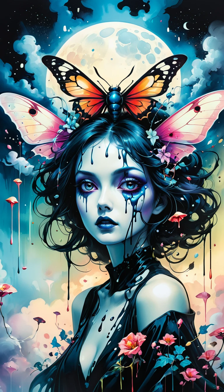 high resolution, high quality , masterpiece .Surrealist ink painting，Colorful, Elements of absurdity and depravity,Ross Chen (ross tran) style of，以燃烧的纸币For reference，Robbie Dewi Antono (Roby Dwi Antono) For reference, ,Moth,Target, mistake, Ghostly Entity Rises Into Neo-Traditional Ink-Dripping Sky, The chiaroscuro lighting enhances the symbolism of death,pill, A moon adorned with eyes that exude breath,Atmosphere. Dark horror style, Disturbing, Crazy Art Conspiracy,inauspicious.