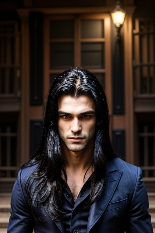 Masterpiece, Best Quality, exterior, evening, the most handsome vampire in the world, indigo eyes, very long black hair. beautiful young man, soft features