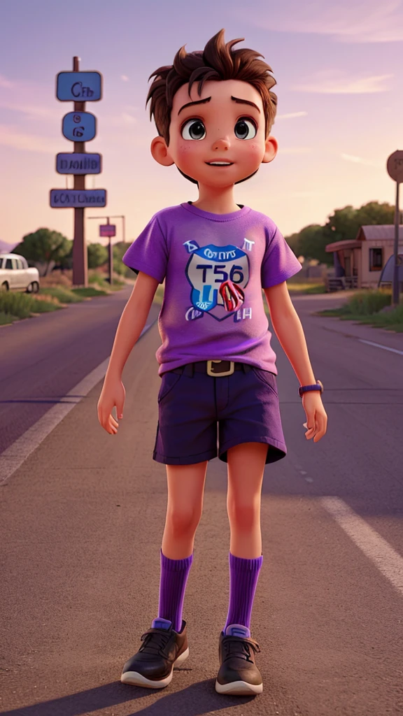 Children run on route 66 with T-shirt purple