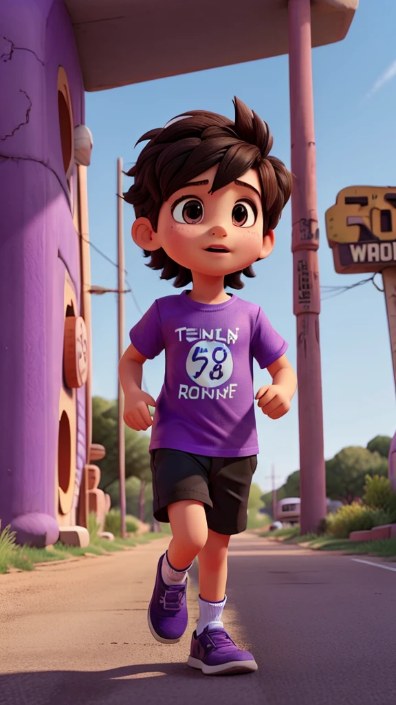 Children run on route 66 with T-shirt purple