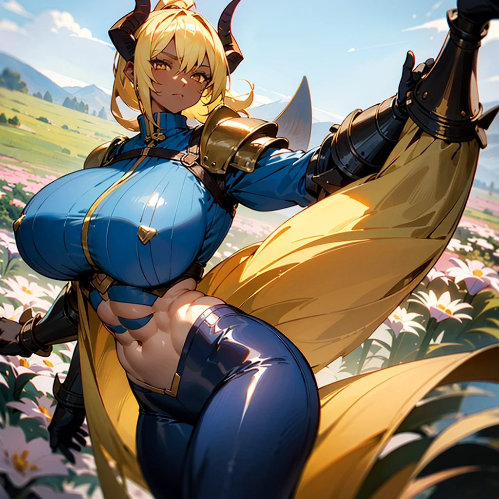 1girl, detailed ((blonde hair)), (gold eyes), ((big red horns)), {{dark skin}}, ({dark skinned female}), gigantic breasts, thick thighs, translucent blue veins on the body, strong abdominal muscles, strong leg muscles, strong arm muscles, ponytail hairstyle, wearing a blue coat with rolled up sleeves, steel belly heavy armor, leather pants, leather steel gloves, wide a leather belt with gold yarn walks through a flower meadow against the backdrop of distant high mountains,