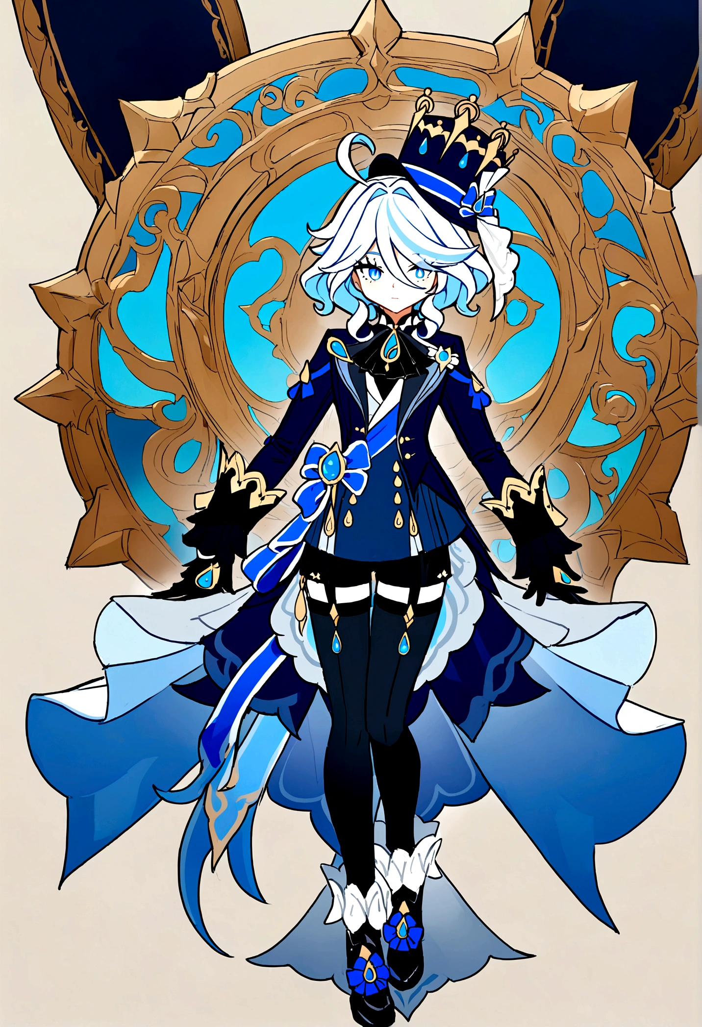 Furina from genshin Impact with flared leather pants and a leather jacket. full body