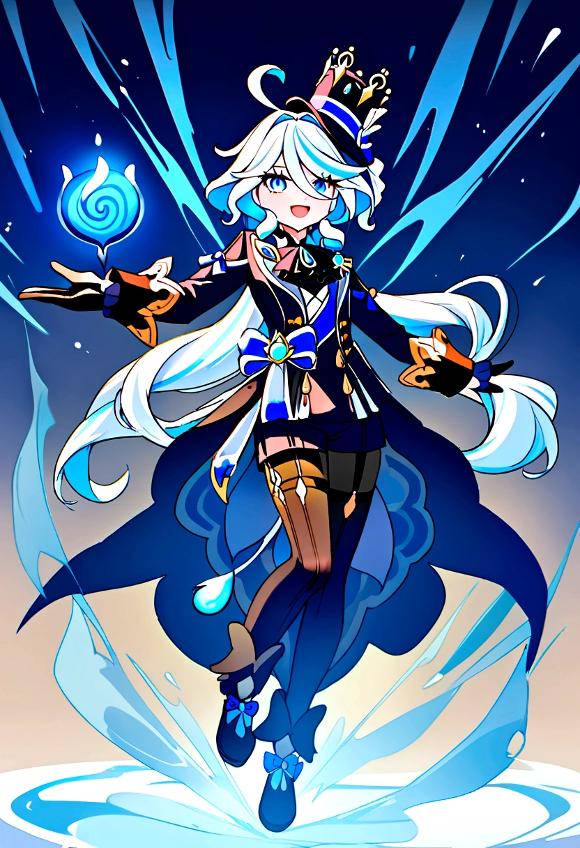 Furina from genshin Impact with flared leather pants and a leather jacket. full body 