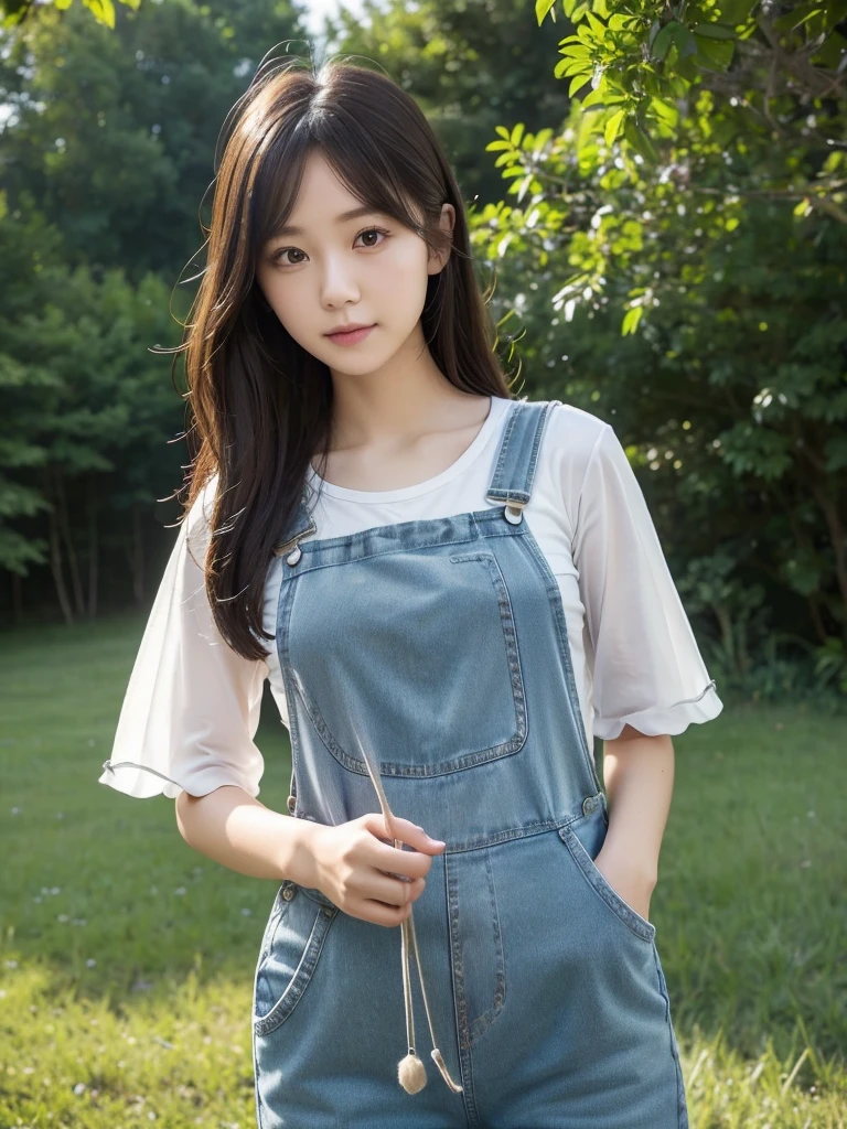 Chiffon overalls、Casual clothing、(Highest quality)、((Very detailed))、4K、(8K)、masterpiece、Very detailedな、Highest quality、Super Resolution、1 person、Kind Face、Soft Light、RAW quality、Soft Skin、163cm、30 years old、knees、grass