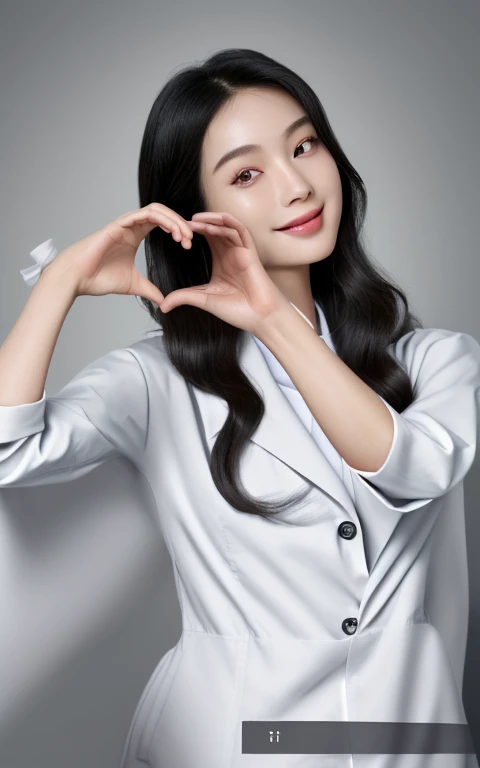 (medium shot:1.2), looking at viewer, smiling elegant slim asian woman, Korean, wearing (labcoat:1.4), black hair, (heart hands), (modern surgery room), photo, 1girl, ultra high res, realistic photorealistic, ultra-detailed, finely detailed, high resolution, perfect dynamic composition, (perfect eyes), (detailed eyes), solid circle eyes, sparkling eyes, (clean eyes), anatomically correct, super detail, textured skin, extremely detailed face and eyes, detailed facial features, ((perfect face)), wide hips