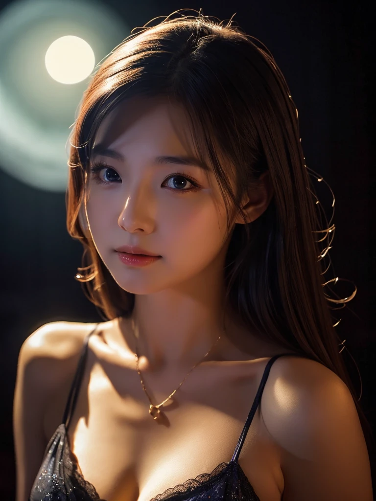 A very beautiful moonlit night、A woman with a very cute face like an idol、Cleavage、Cinema lighting、Facial and body depictions that are indistinguishable from real life、masterpiece