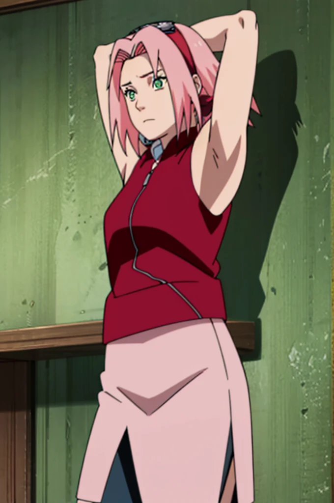 sakura haruno, sleeveless, red jacket, forehead protector, konohagakure symbol, arms behind head, armpits, showing armpits, posing, green eyes, perfect proportions, sakura shippuden