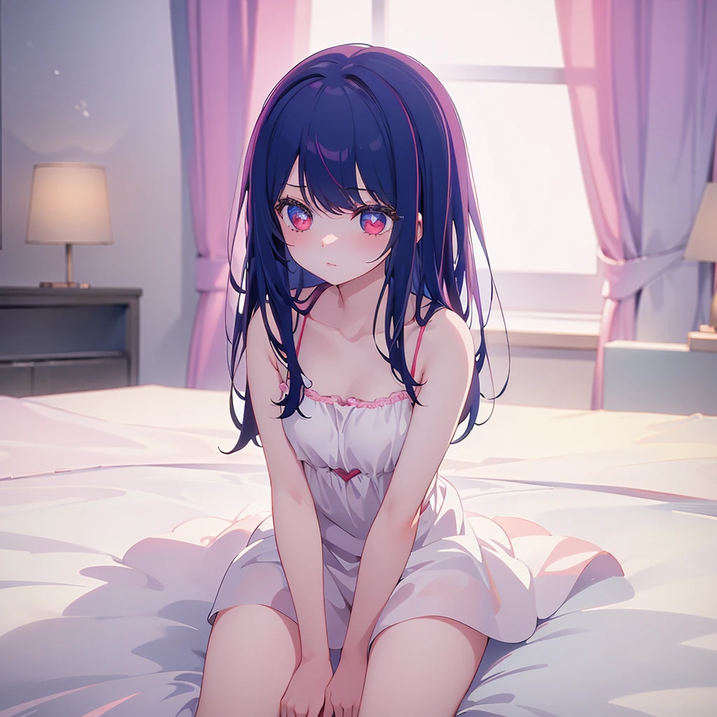 ((masterpiece)), ((Best Quality)), (Ultra-detailed), Anime style, Cute , 1girl in, Solo, 8k, sitting on the bed, young girl , flat chest, bare shoulders , shy girl 