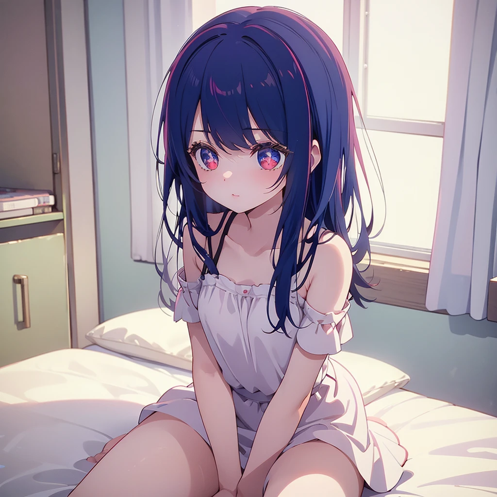 ((masterpiece)), ((Best Quality)), (Ultra-detailed), Anime style, Cute , 1girl in, Solo, 8k, sitting on the bed, young girl , flat chest, bare shoulders , shy girl