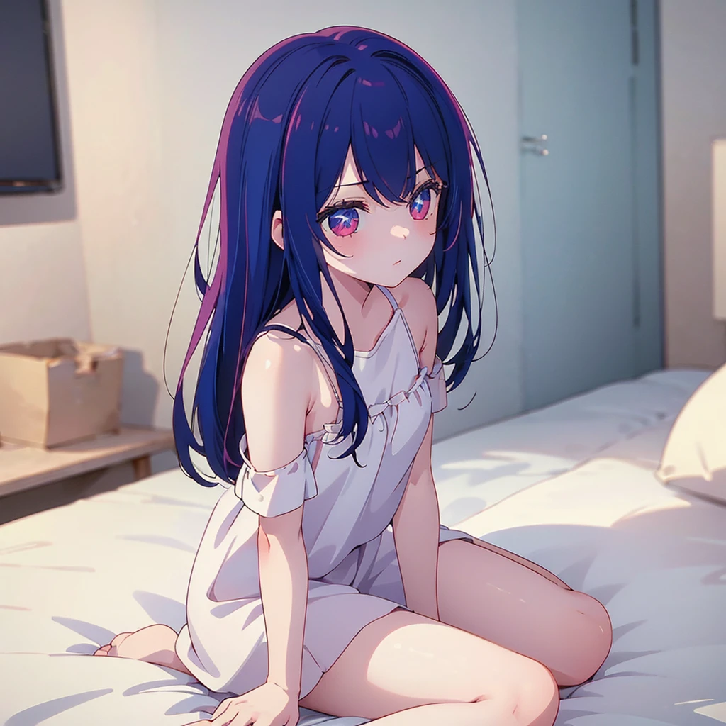 ((masterpiece)), ((Best Quality)), (Ultra-detailed), Anime style, Cute , 1girl in, Solo, 8k, sitting on the bed, young girl , flat chest, bare shoulders , shy girl