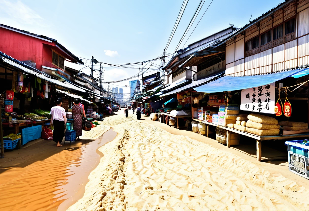 market,noon,栄えているCity,City,There is a little bit of sand,road