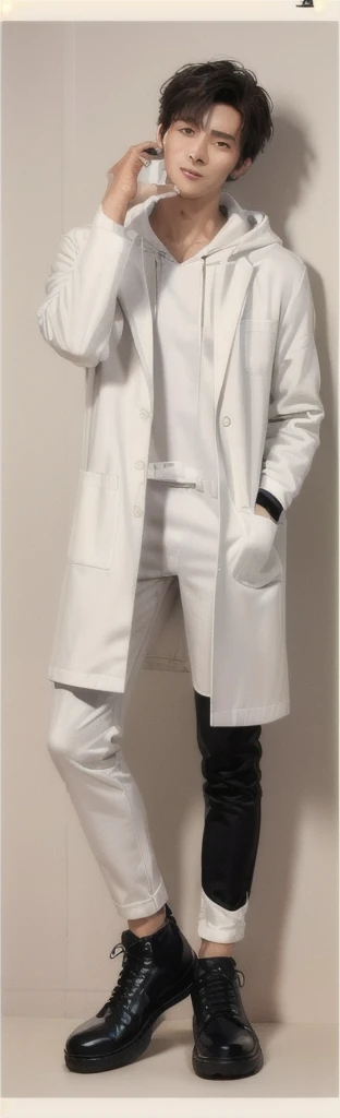 (photorealistic:1.2), (high detail face:1.3), (high detail hands:1.3), (anatomically correct hands:1.2), handsome young asian man, Japanese idol style, short clean-cut hair, ((center part)), (crisp white lab coat:1.3), ((black hoodie underneath:1.2)), (black pants:1.2), (black shoes:1.2), calm confident expression, (holding a product in right hand:1.3), (pointing with left index finger:1.3), explaining pose, plain white background, mid-shot portrait, full body view, high quality, detailed, 8K, (realistic skin texture:1.2), (sharp focus:1.1), (contrast between white coat and black clothing:1.2)