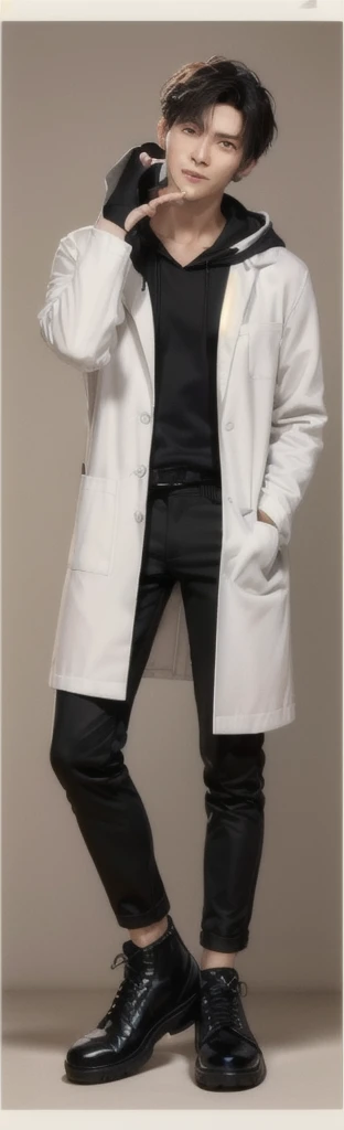 (photorealistic:1.2), (high detail face:1.3), (high detail hands:1.3), (anatomically correct hands:1.2), handsome young asian man, Japanese idol style, short clean-cut hair, ((center part)), (crisp white lab coat:1.3), ((black hoodie underneath:1.2)), (black pants:1.2), (black shoes:1.2), calm confident expression, (holding a product in right hand:1.3), (pointing with left index finger:1.3), explaining pose, plain white background, mid-shot portrait, full body view, high quality, detailed, 8K, (realistic skin texture:1.2), (sharp focus:1.1), (contrast between white coat and black clothing:1.2)
