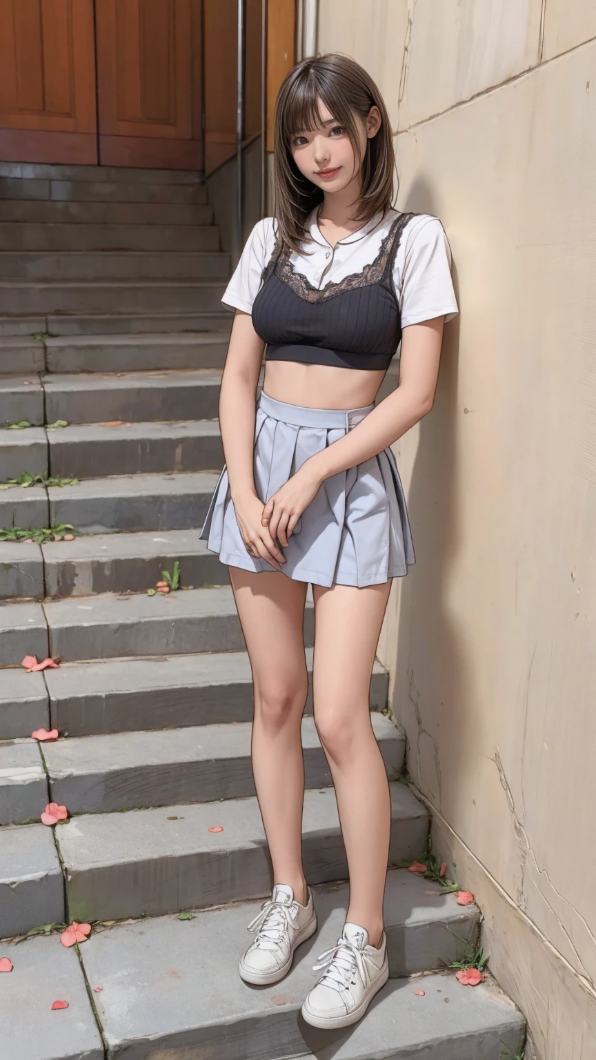 ((masterpiece)),(((Highest quality))),Thin thighs,Long legs,An 18-year-old woman standing on the steps of her school，Japan  uniform:1.5，White camellia floral lace bra:1.5,open chest white shirt，The best smile,Short-cut blonde:1.5，short side wave，Wearing stylish sneakers，Spreading her legs