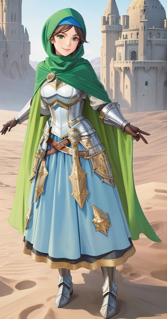 masterpiece, best quality:1.2), 1girl, smile, looking at viewer, green eyes, short brown hair, princess, armor, blue hijab headscarf, pauldrons, armored dress, green cloak cape, wearing puffy blue ballgown skirt, armored boots, fingerless gloves, standing in front of desert castle