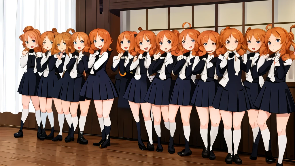 masterpiece, Highest quality, High resolution, 10+girl, crowd, Identical twin sisters, clone, An orderly line of sisters, An orderly line of sisters, Sisters in a row, uniform, Matching outfits, Long Hair, Curly Hair, ponytail, Matching hairstyle, Hazel Eyes, Brown Hair, Black tie, Blue Ribbon, Brown Skirt, salute, smile, indoor, Group shot, whole body, Panty shot, Black high heels