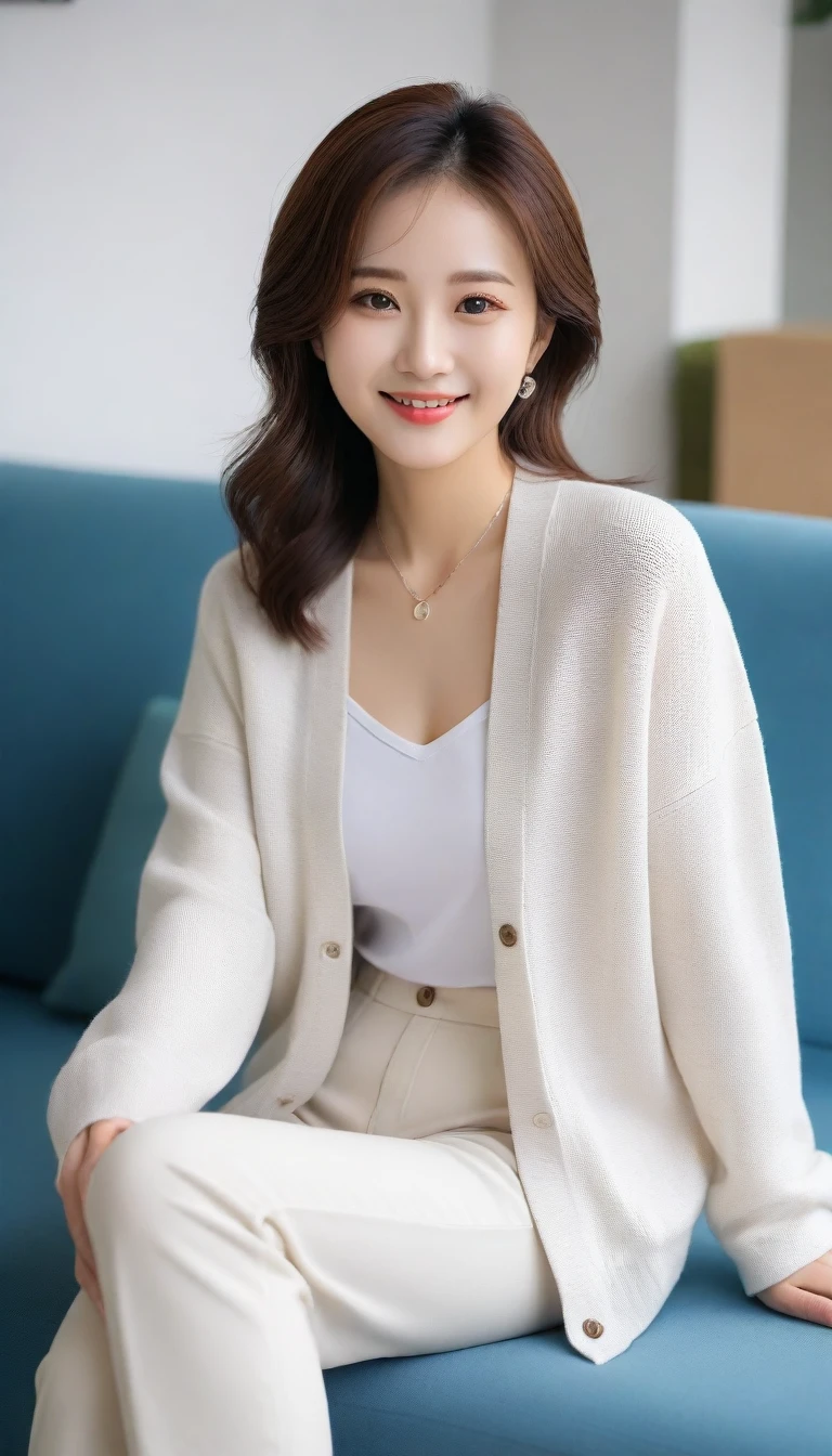 Beautiful Korean Woman , 32 inch chest size, Your eyes are big and pretty. Wearing a cardigan with a blouse, casual pants, short medium hair, Smile. necklace, sit on the sofa and drink coffee, porcelain coffee cup, uhd