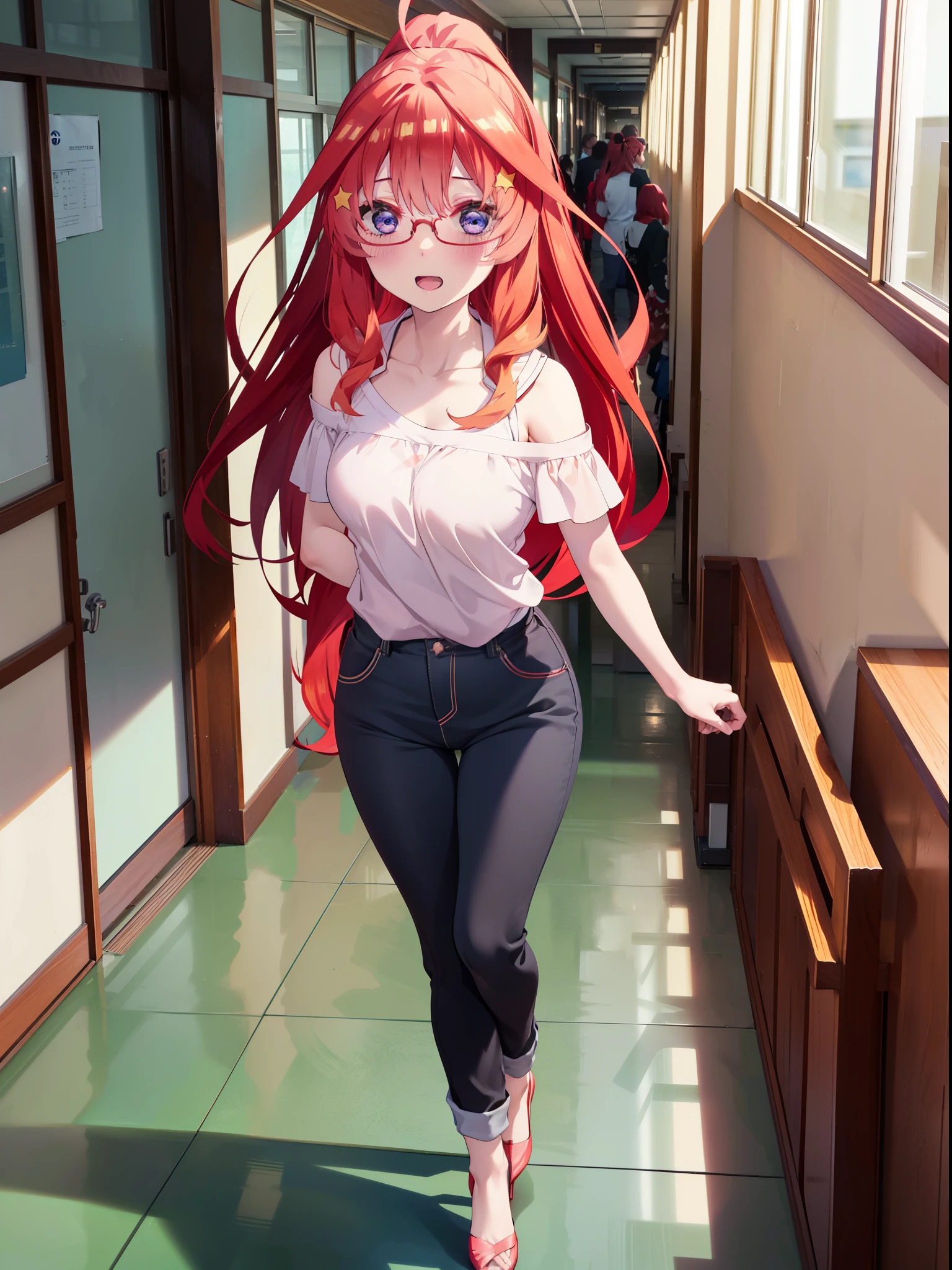 itsukinakano, itsuki nakano, One Woman,bangs, blue eyes, Hair between the eyes, Ahoge, Redhead, star \(symbol\), hair ornaments, star hair ornaments,smile,blush,Open your mouth,ponytail,Red-rimmed glasses,Cold Shoulder Shirt,skinny pants,Stiletto heels,Walking,whole bodyがイラストに入るように,
break indoors, School,廊下
break looking at viewer, whole body,
break (masterpiece:1.2), Highest quality, High resolution, unity 8k wallpaper, (figure:0.8), (Beautiful attention to detail:1.6), Highly detailed face, Perfect lighting, Highly detailed CG, (Perfect hands, Perfect Anatomy),