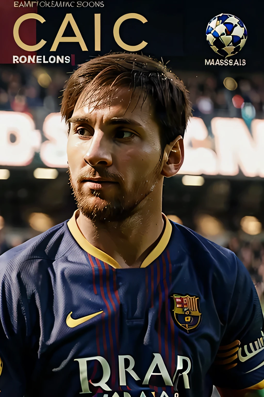 give me a cover for a comic about barcelona with the champions league with messi in it