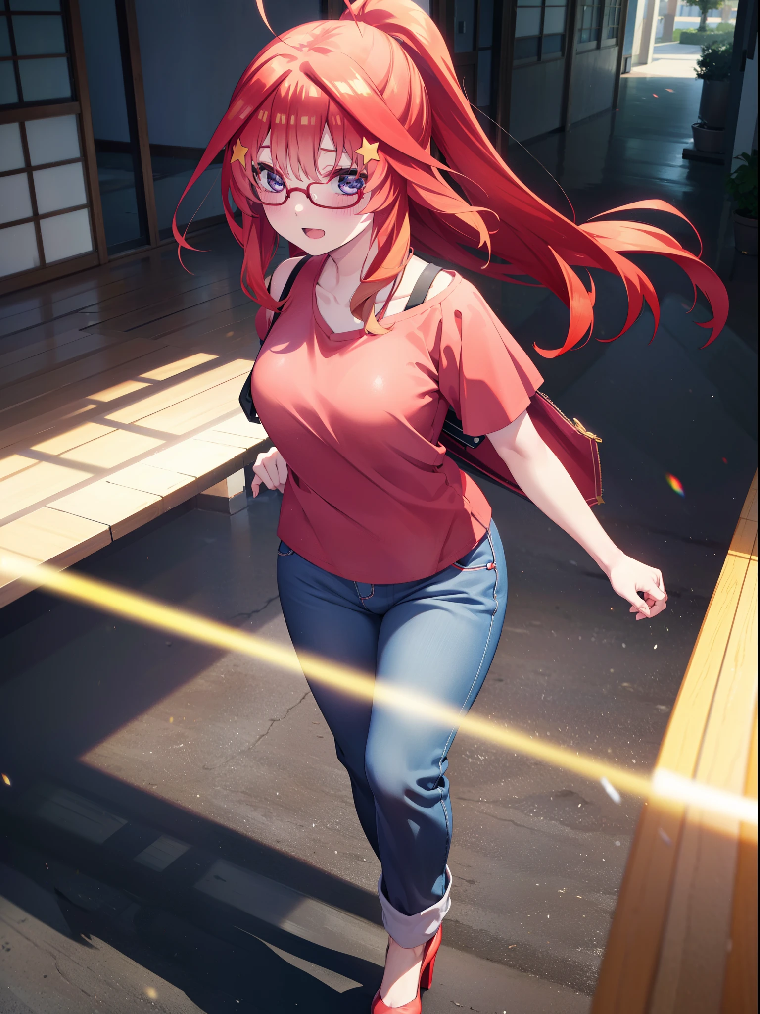 itsukinakano, itsuki nakano, One Woman,bangs, blue eyes, Hair between the eyes, Ahoge, Redhead, star \(symbol\), hair ornaments, star hair ornaments,smile,blush,Open your mouth,ponytail,Red-rimmed glasses,Cold Shoulder Shirt,skinny pants,Stiletto heels,Walking,whole bodyがイラストに入るように,
break indoors, School,廊下
break looking at viewer, whole body,
break (masterpiece:1.2), Highest quality, High resolution, unity 8k wallpaper, (figure:0.8), (Beautiful attention to detail:1.6), Highly detailed face, Perfect lighting, Highly detailed CG, (Perfect hands, Perfect Anatomy),