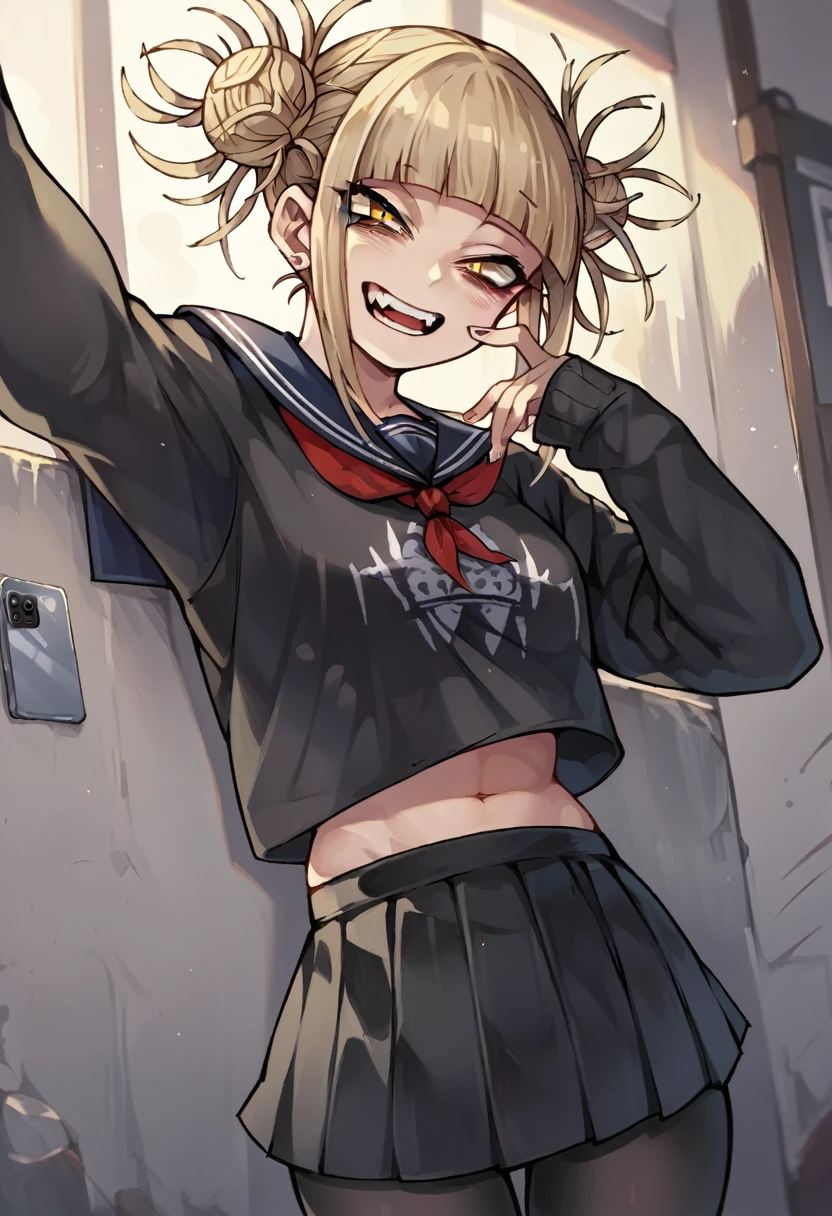 Himiko toga while taking a selfie and dressed in a sexy gothic black outfit, with black tights and skirt and revealing (whole body) 