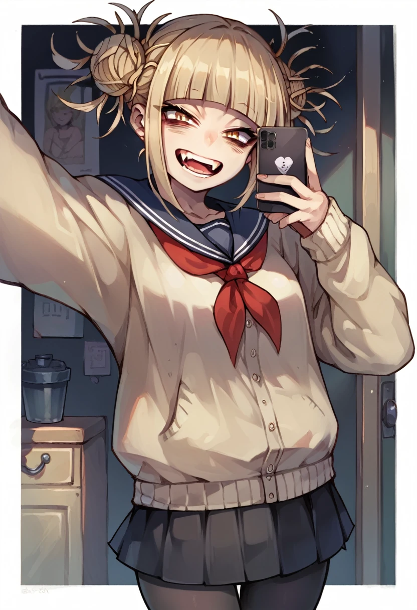 Himiko toga while taking a selfie and dressed in a sexy gothic black outfit, with black tights and skirt and revealing (whole body)