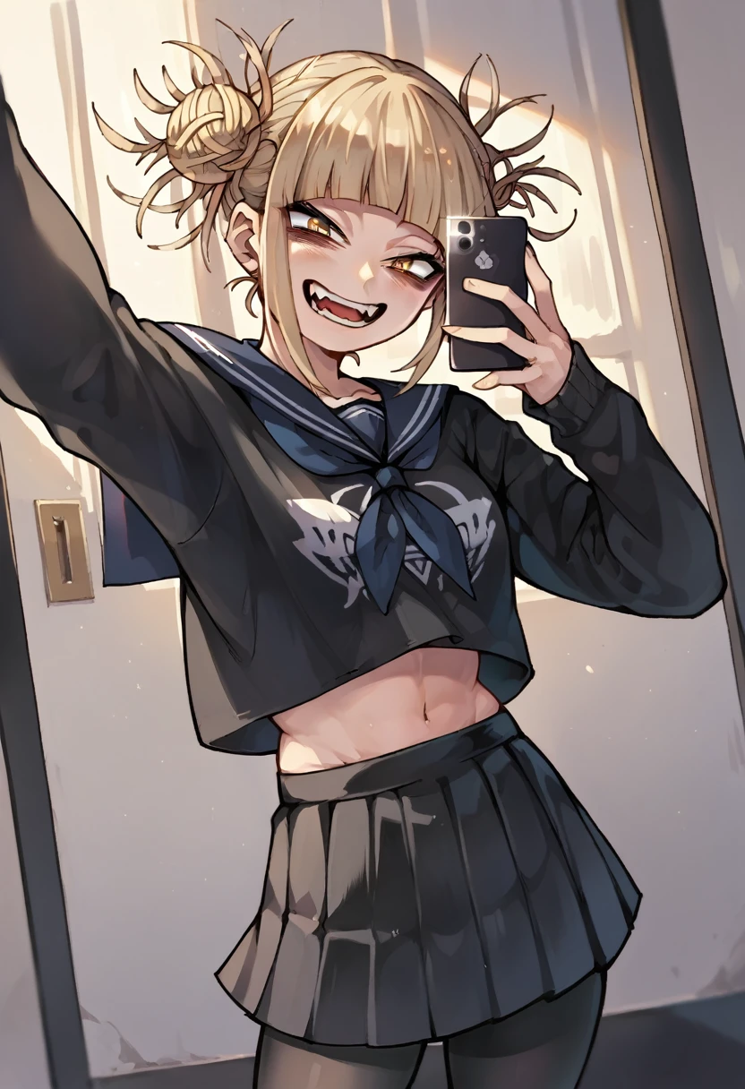 Himiko toga while taking a selfie and dressed in a sexy gothic black outfit, with black tights and skirt and revealing (whole body) 