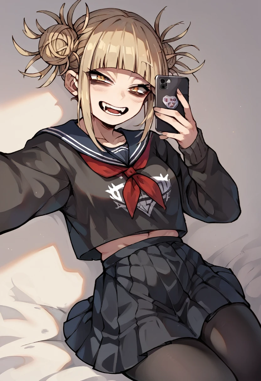 Himiko toga while taking a selfie and dressed in a sexy gothic black outfit, with black tights and skirt and revealing (whole body) 