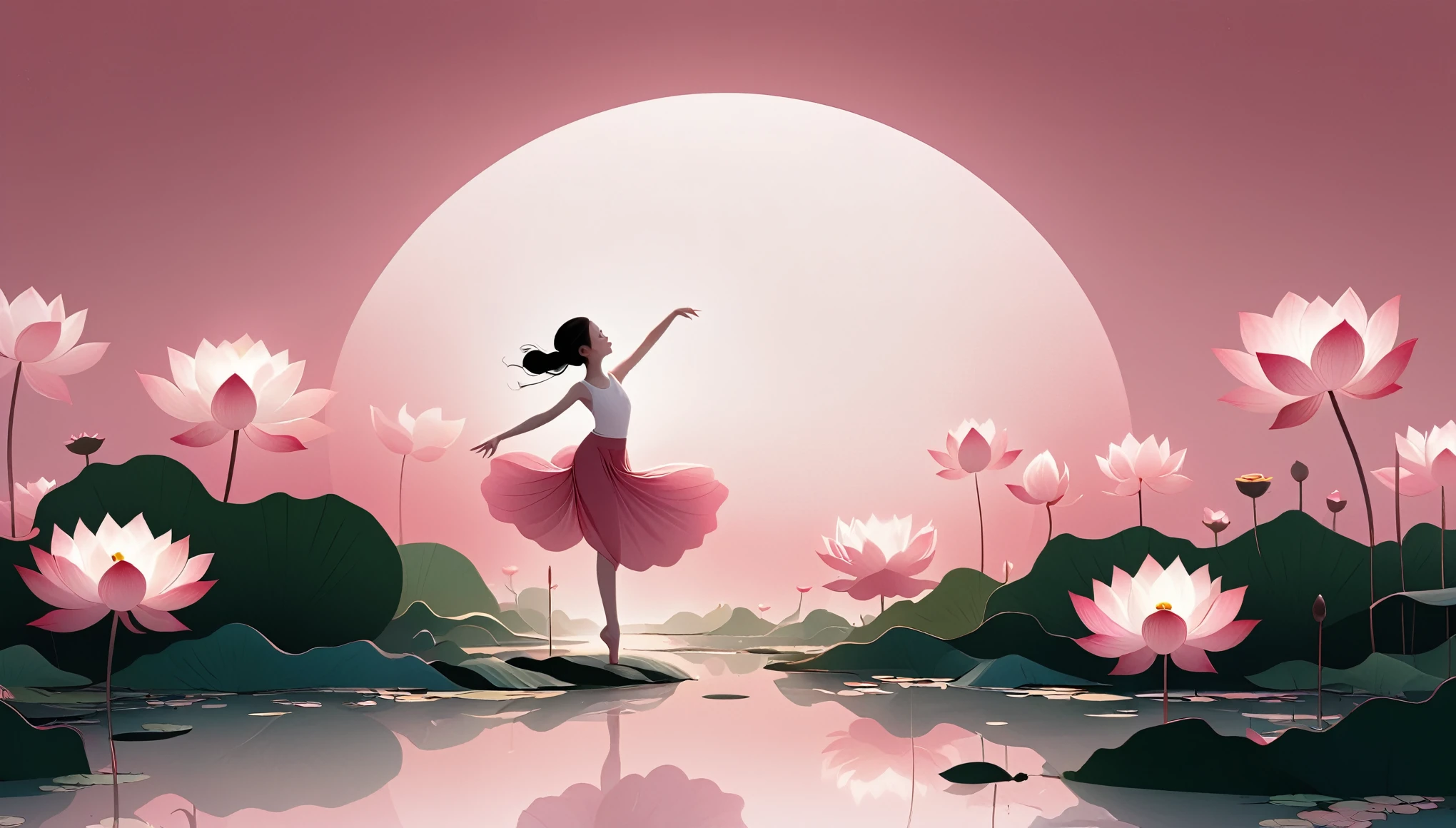 vector,Flat form,illustration,The Minimalists,数字艺术illustration,Pink hue,Abstract,artistic conception,Blooming,Lotus Pond,A lot of white space in the center of the screen;Huge lotus flowers。Silhouette of a girl dancing in the background;