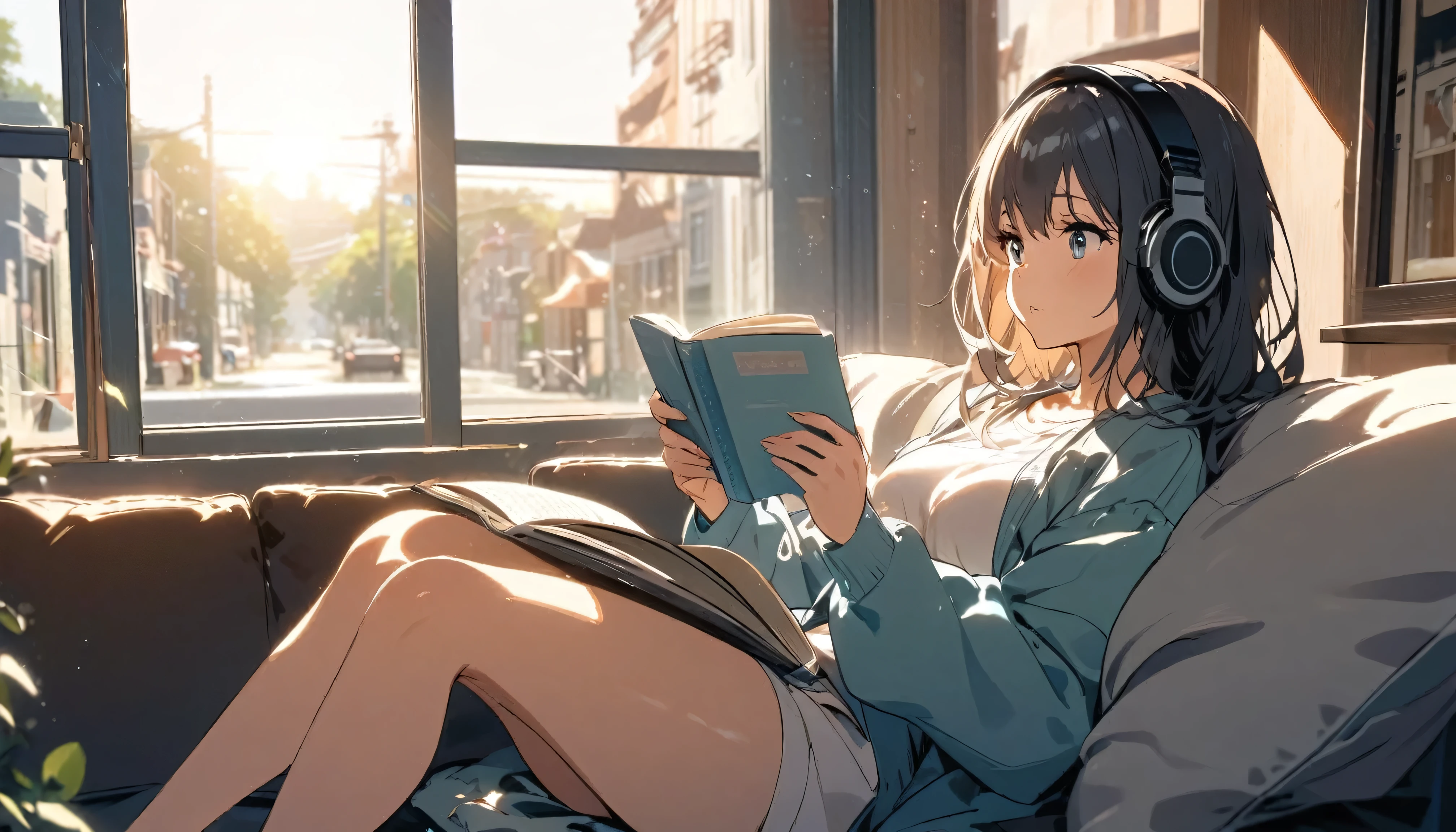 Girl sitting on sofa reading a book,In front of a large window,Morning sunlight,Streetscape、listen to music