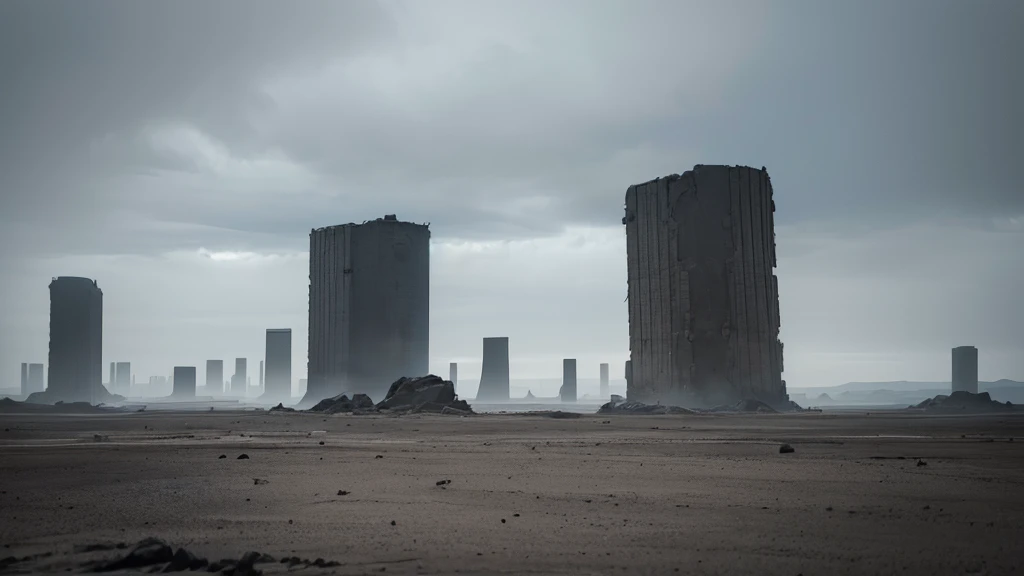 a lonely desolate barren wasteland, gray cloudy sky, dense fog, no life, no people, no animals, somber, melancholy, mournful, (best quality,4k,8k,highres,masterpiece:1.2),ultra-detailed,(realistic,photorealistic,photo-realistic:1.37),dramatic lighting, moody atmosphere, gloomy, desolate, bleak, dismal, depressing