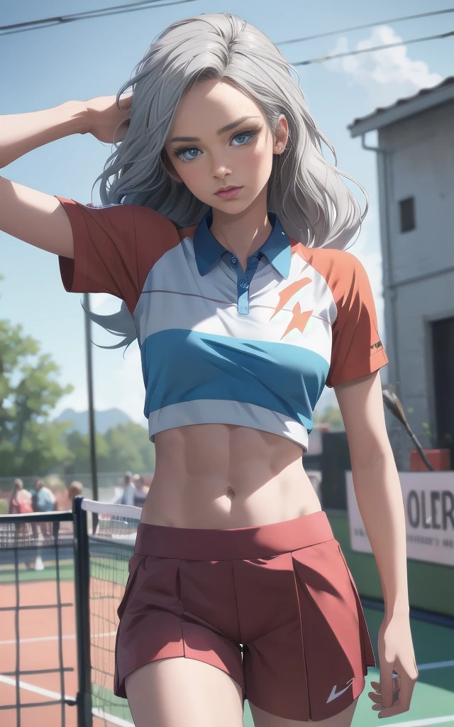 (best quality, masterpiece:1.4), Swedish college girl, tennis outfit, tight, pink shorts, white polo shirt, medium hair, ((slim, petite)), beautiful and mature, silver hair, sky blue eyes, photorealistic, photo, closed mouth, abs, toned, realistic, realism, photorealism, Kahili, AmberHeard, eye focus, high contrast, photorealistic digital art trending on Artstation 8k HD high definition detailed realistic, detailed, skin texture, hyper-detailed, realistic skin texture, armature, (photorealistic:1.4), ultra high resolution, detailed, raw photo, sharp image, by lee jeffries nikon d850 film stock photograph 4 kodak portra 400 camera f1.6 lens rich colors hyper-realistic lifelike texture dramatic lighting unrealengine trending on artstation cinestill 800